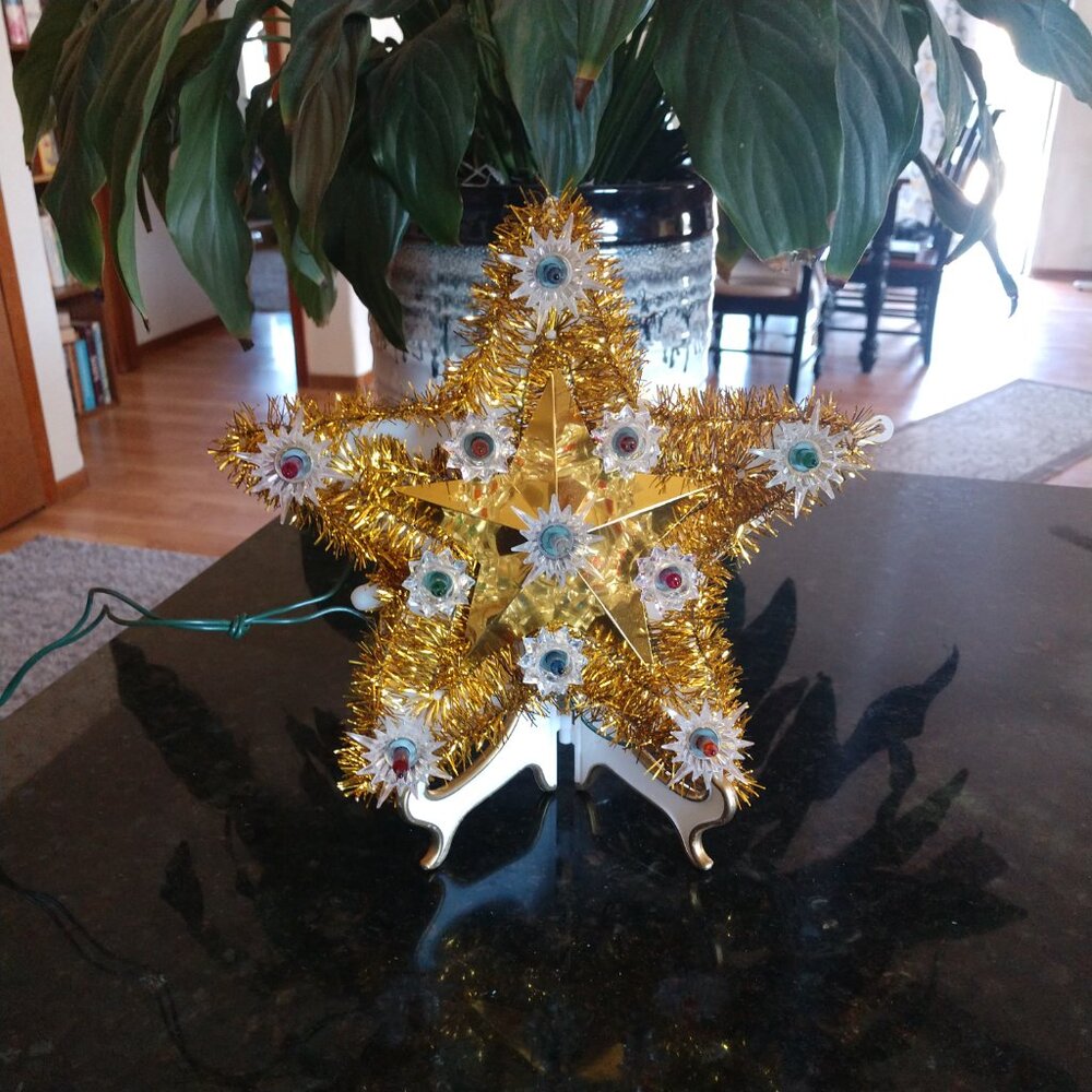 11 Multi Solid Color Gold Tinsel Star Light Up Tree Topper Original Box Tested